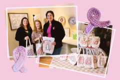 Canvas care bags with rainbow designs and the words “You Are Courageous,” displayed alongside crocheted pink ribbons. The image also shows individuals holding the bags in a cozy indoor setting.